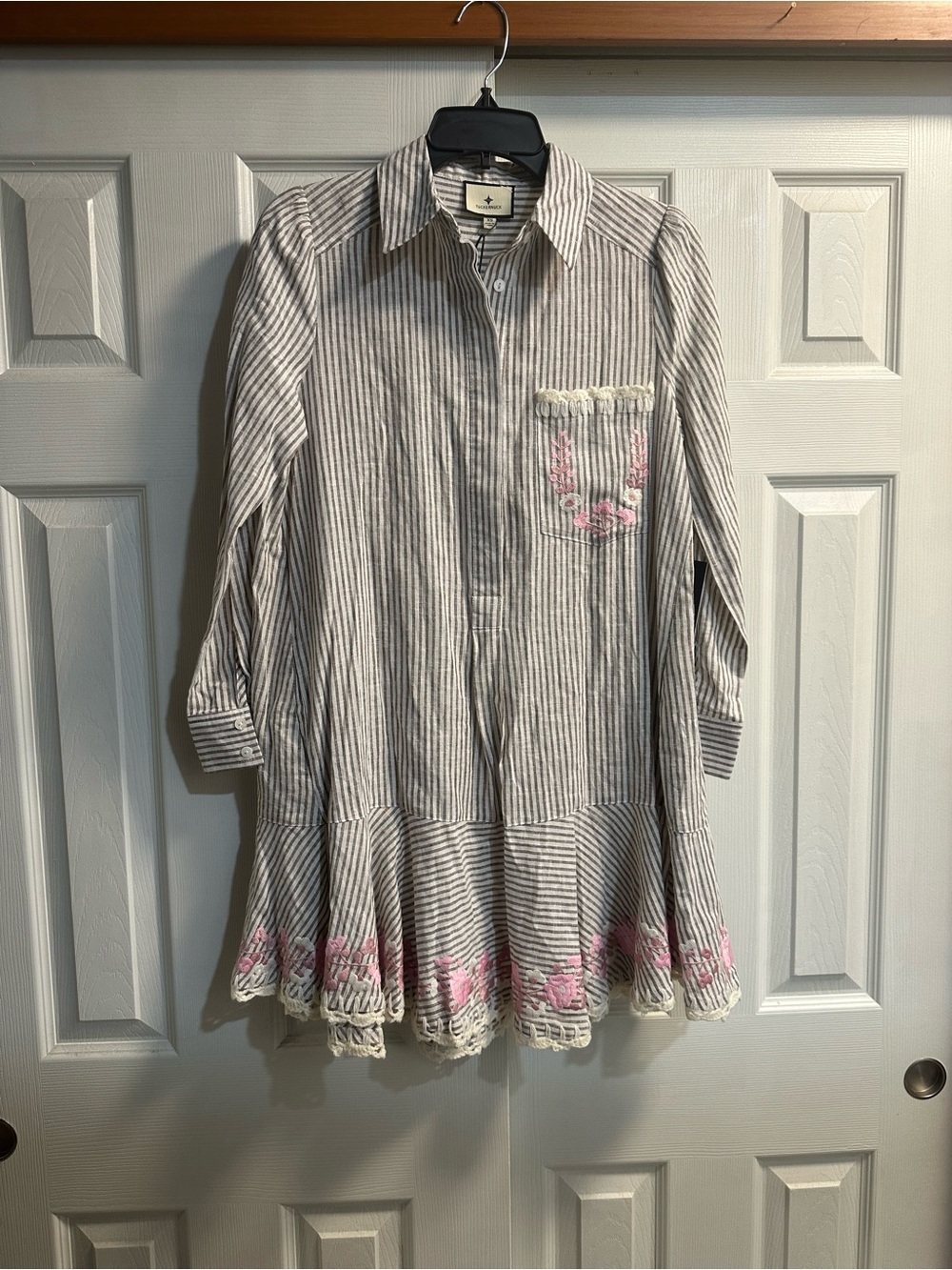 Tuckernuck Gray and White Striped Mini Dress with Pink Embroidery